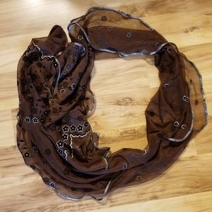 Scarf brown with black flowers and silver toned